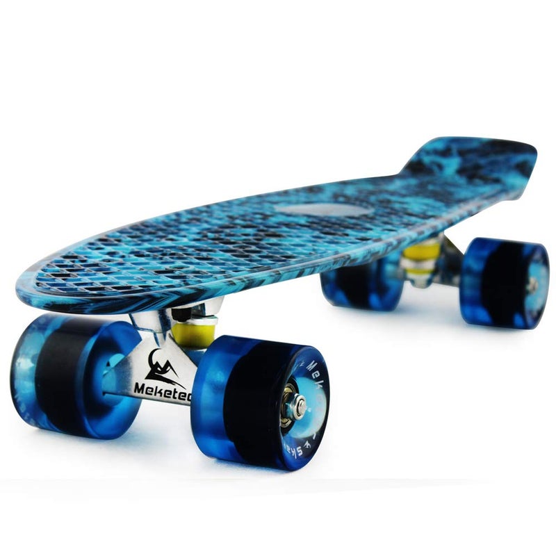 Meketec Skateboard Dog 22 inch Retro Mini Skateboards Kids Board for Boys Girl Youth Beginners Children Toddler Teenagers Adults 5 to 6 Year Old (Blue Flame) - Image 1
